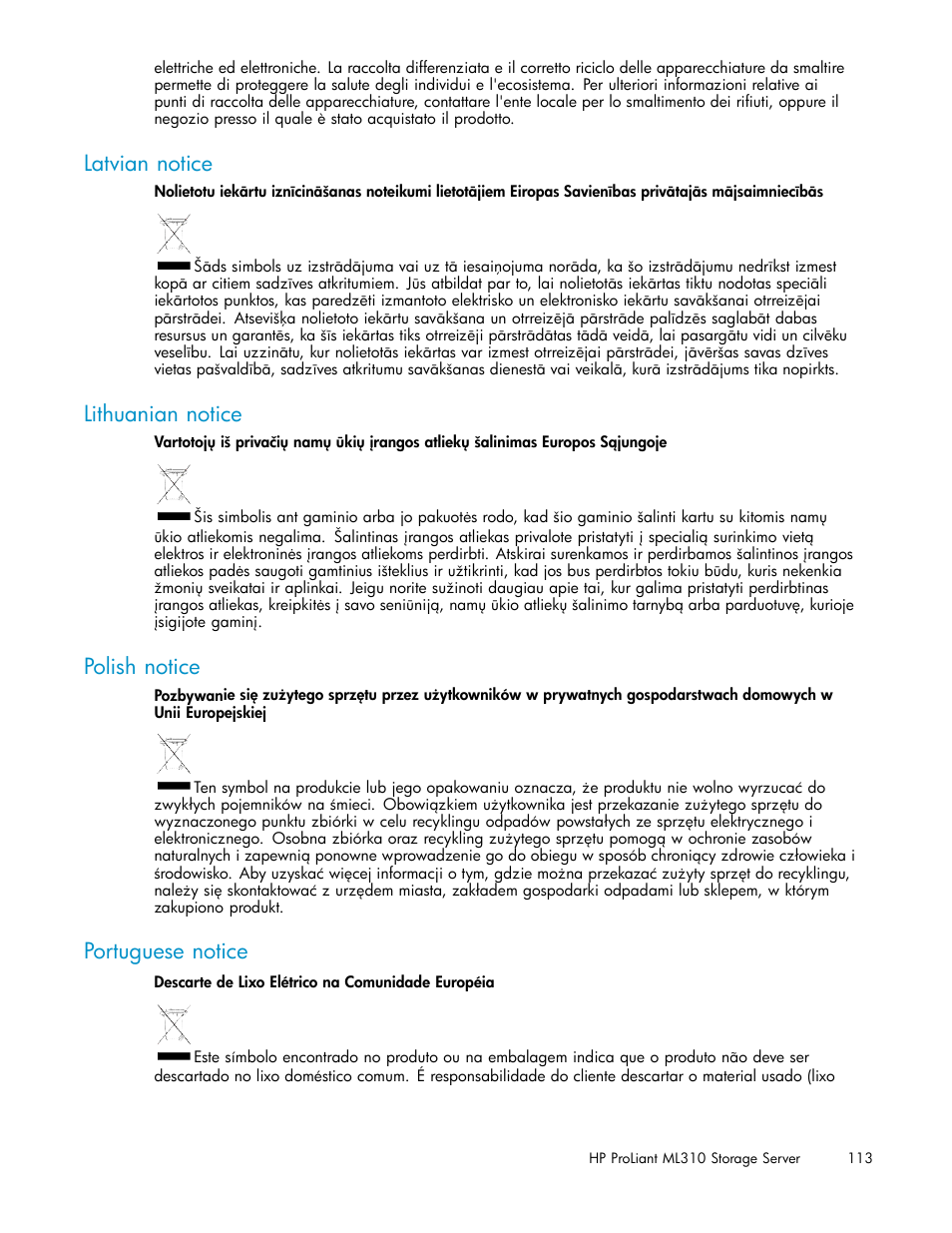 Latvian notice, Lithuanian notice, Polish notice | Portuguese notice | HP ProLiant ML310 G3 Storage Server User Manual | Page 113 / 119