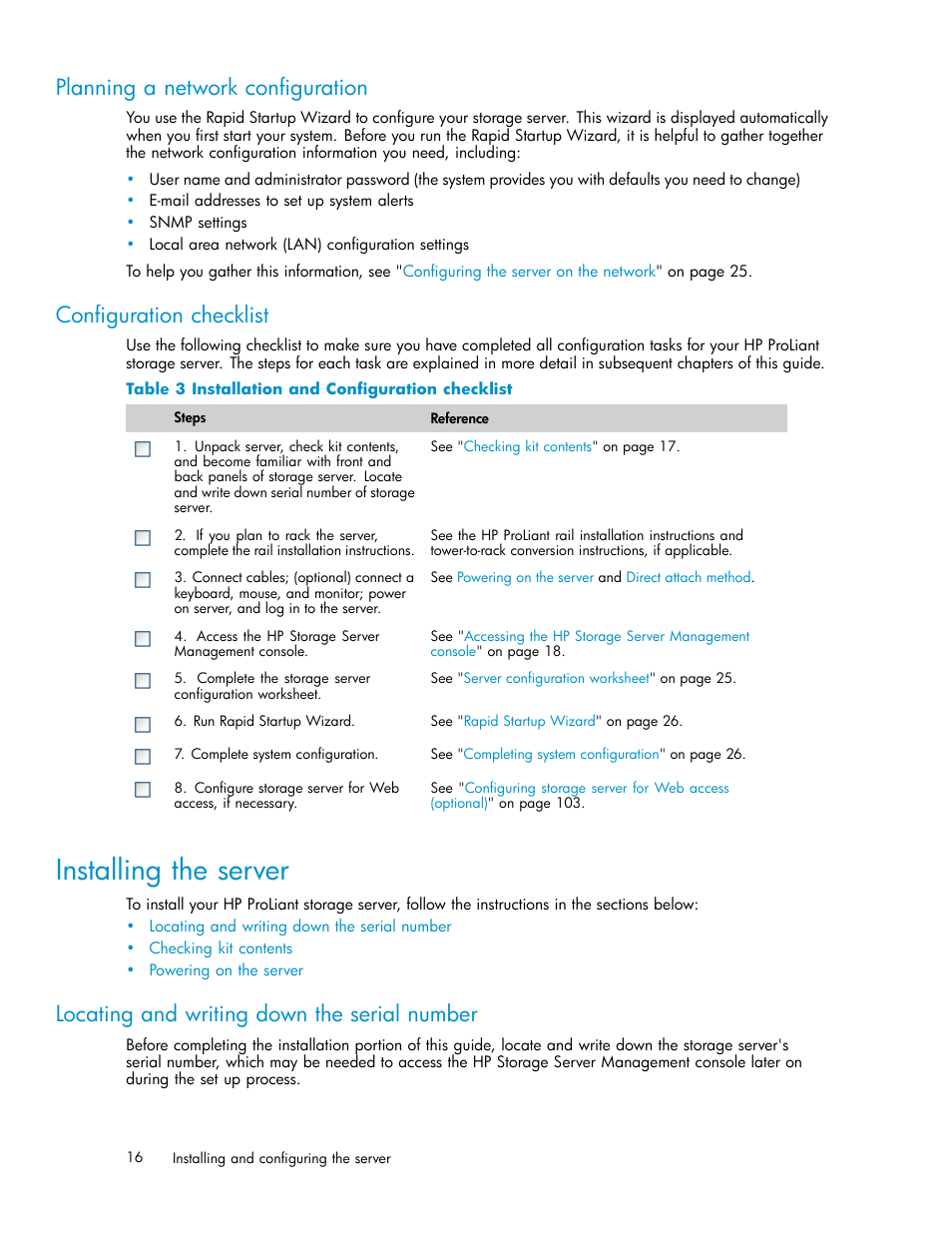 Installing the server, Planning a network configuration, Configuration checklist | Locating and writing down the serial number, Installation and configuration checklist | HP ProLiant ML310 G3 Storage Server User Manual | Page 16 / 119