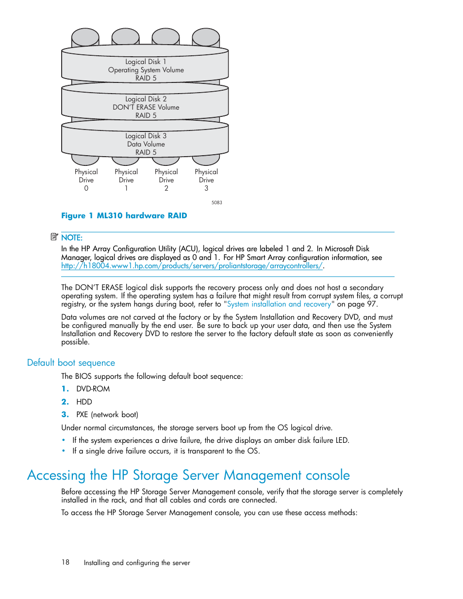 Accessing the hp storage server management console, Default boot sequence, Ml310 hardware raid | Accessing the hp storage server management, Console, Figure 1 | HP ProLiant ML310 G3 Storage Server User Manual | Page 18 / 119