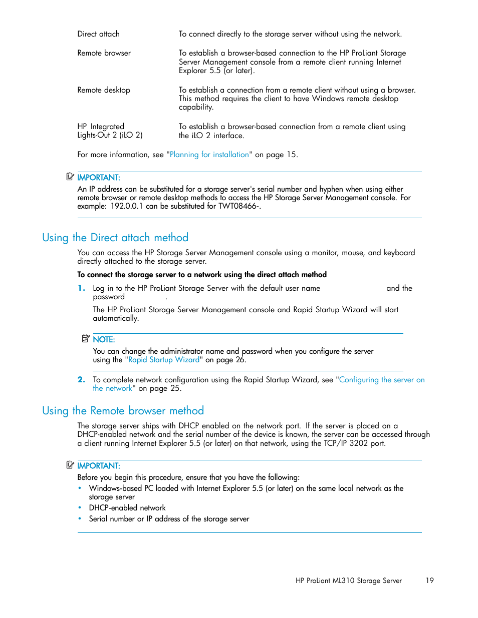 Using the direct attach method, Using the remote browser method, Direct attach method | HP ProLiant ML310 G3 Storage Server User Manual | Page 19 / 119