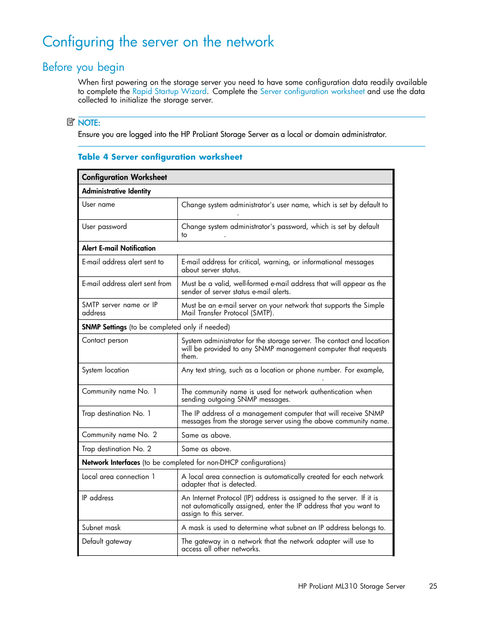 Configuring the server on the network, Before you begin, Server configuration worksheet | Configuring the server on, The network | HP ProLiant ML310 G3 Storage Server User Manual | Page 25 / 119