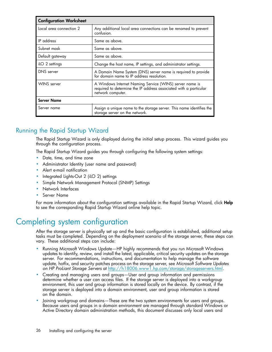 Completing system configuration, Running the rapid startup wizard, Rapid startup wizard | HP ProLiant ML310 G3 Storage Server User Manual | Page 26 / 119