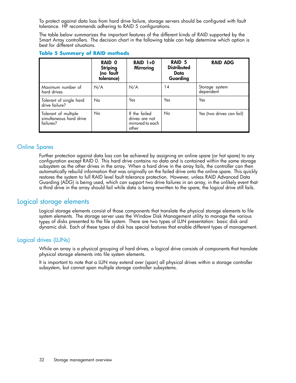 Online spares, Logical storage elements, Logical drives (luns) | Summary of raid methods | HP ProLiant ML310 G3 Storage Server User Manual | Page 32 / 119