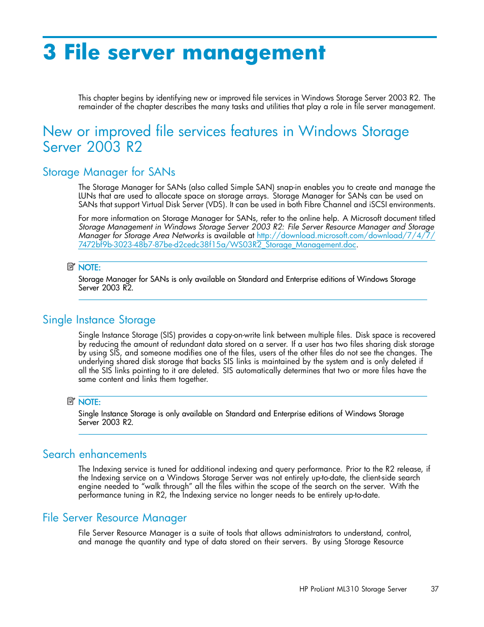 3 file server management, Storage manager for sans, Single instance storage | Search enhancements, File server resource manager | HP ProLiant ML310 G3 Storage Server User Manual | Page 37 / 119