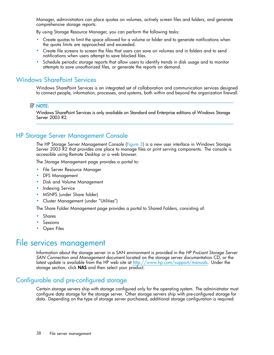 File services management, Windows sharepoint services, Hp storage server management console | Configurable and pre-configured storage | HP ProLiant ML310 G3 Storage Server User Manual | Page 38 / 119