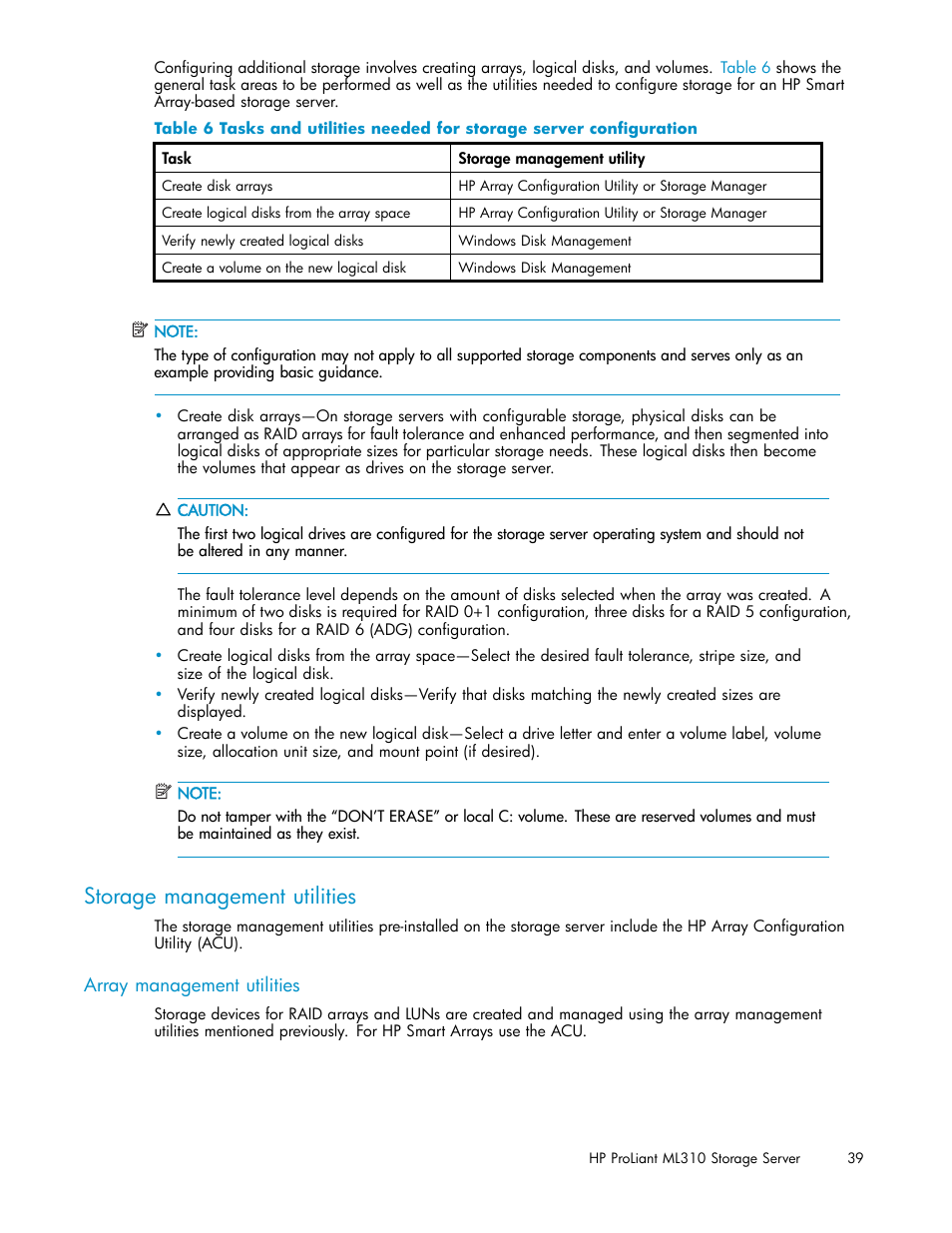 Storage management utilities, Array management utilities | HP ProLiant ML310 G3 Storage Server User Manual | Page 39 / 119