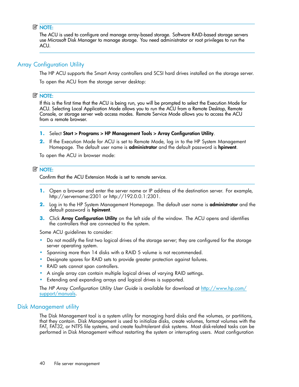 Array configuration utility, Disk management utility | HP ProLiant ML310 G3 Storage Server User Manual | Page 40 / 119