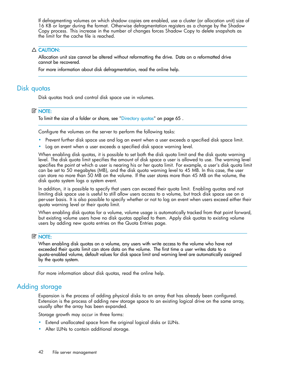 Disk quotas, Adding storage | HP ProLiant ML310 G3 Storage Server User Manual | Page 42 / 119