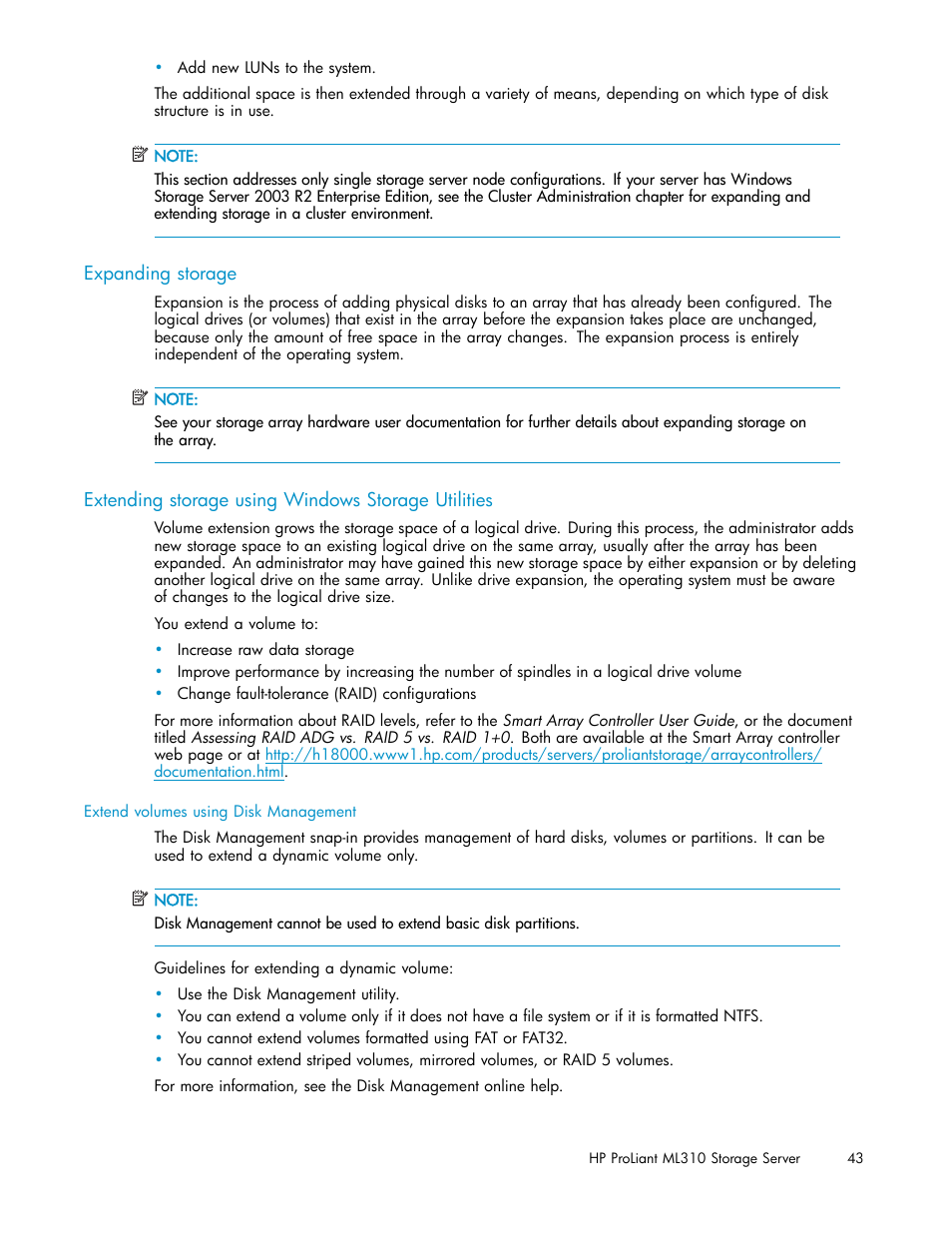 Expanding storage, Extending storage using windows storage utilities | HP ProLiant ML310 G3 Storage Server User Manual | Page 43 / 119