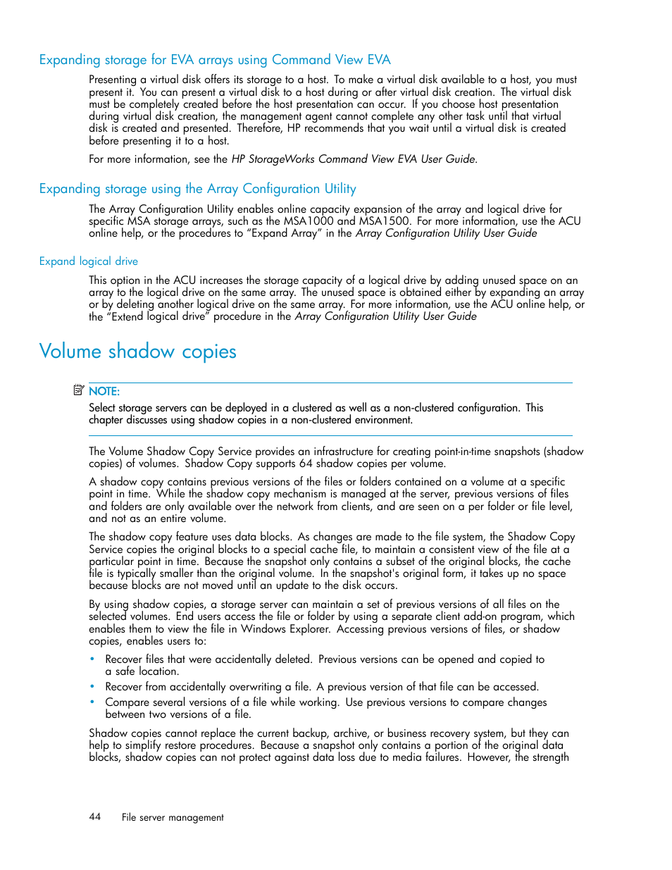 Volume shadow copies | HP ProLiant ML310 G3 Storage Server User Manual | Page 44 / 119