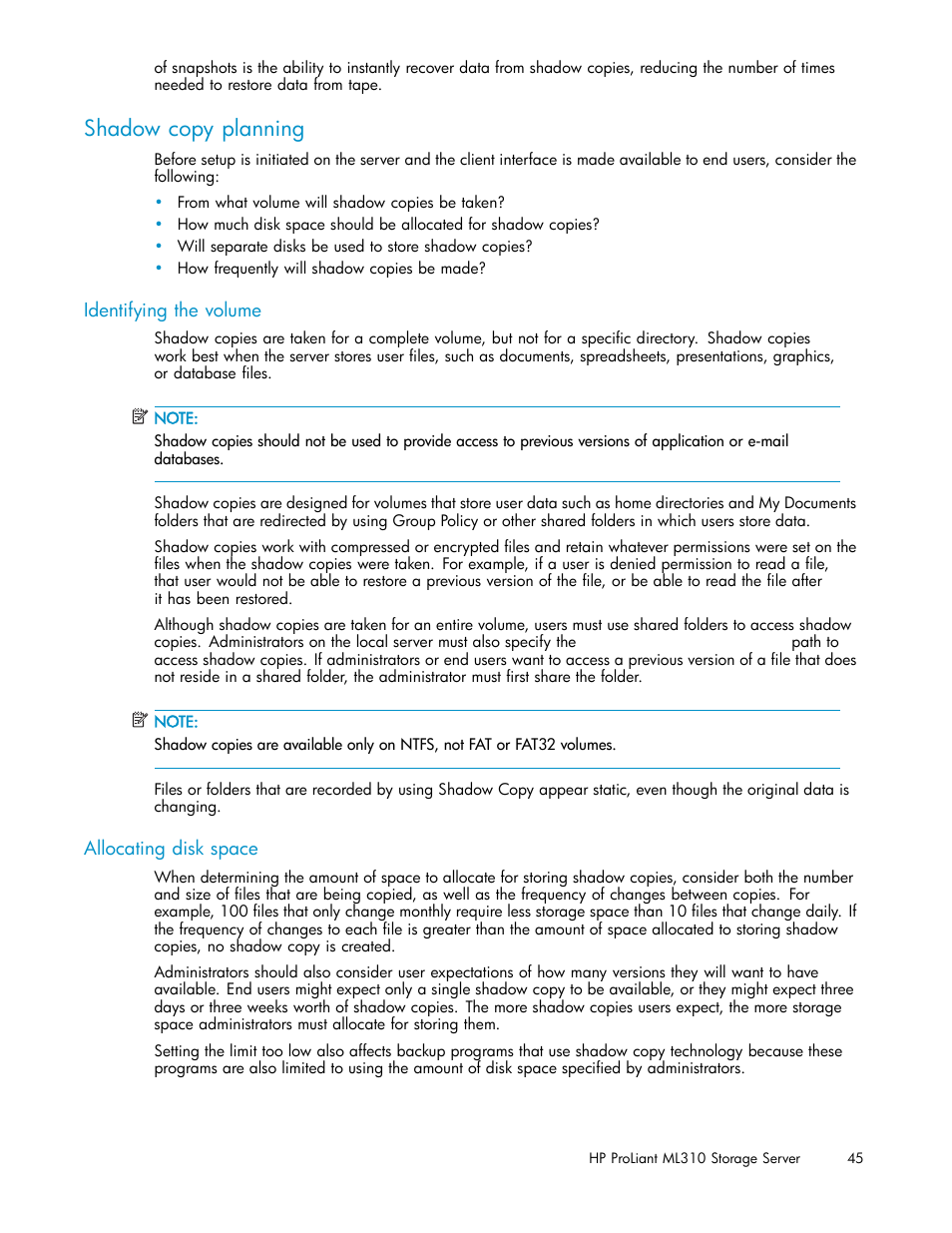 Shadow copy planning, Identifying the volume, Allocating disk space | HP ProLiant ML310 G3 Storage Server User Manual | Page 45 / 119