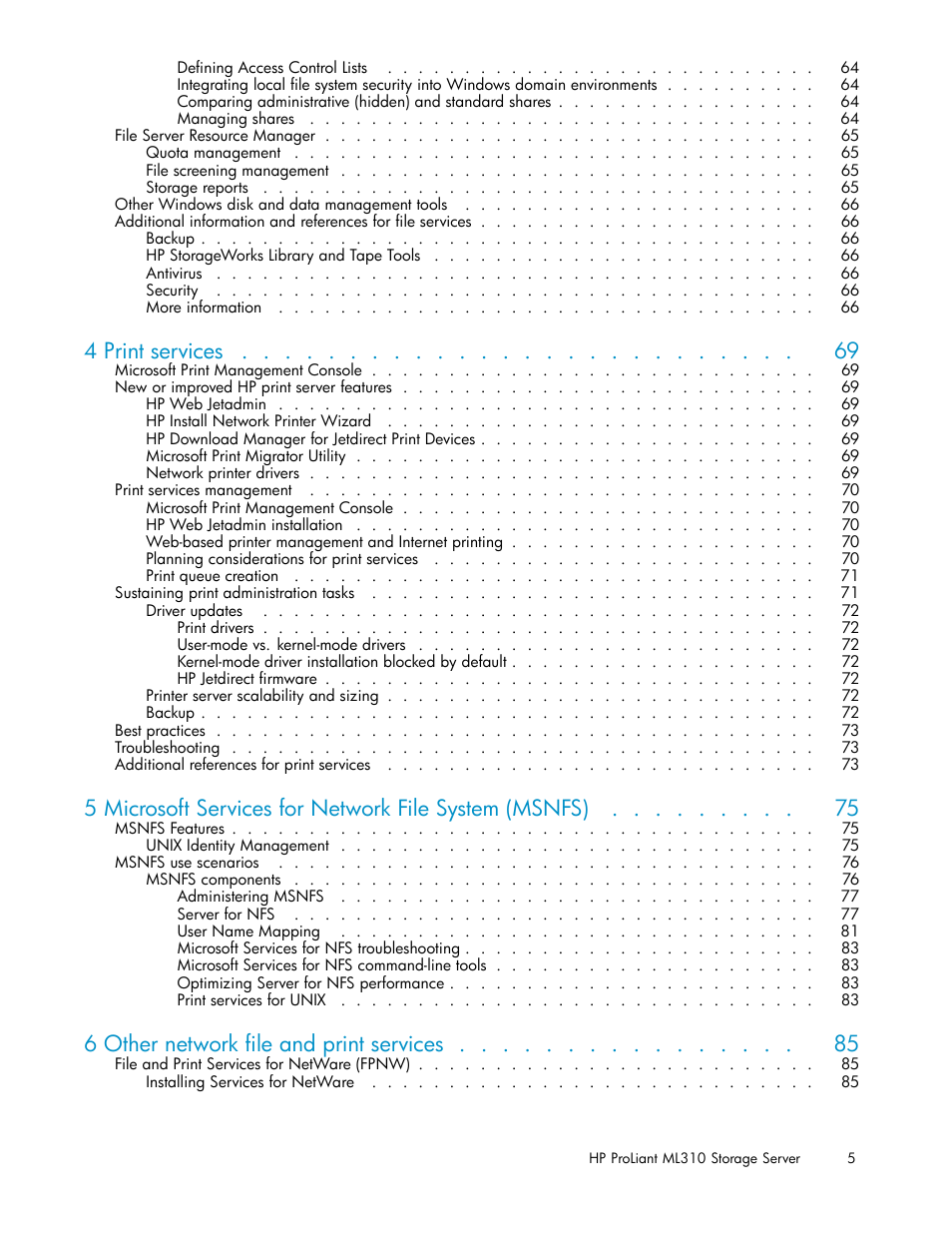 4 print services, 6 other network file and print services | HP ProLiant ML310 G3 Storage Server User Manual | Page 5 / 119