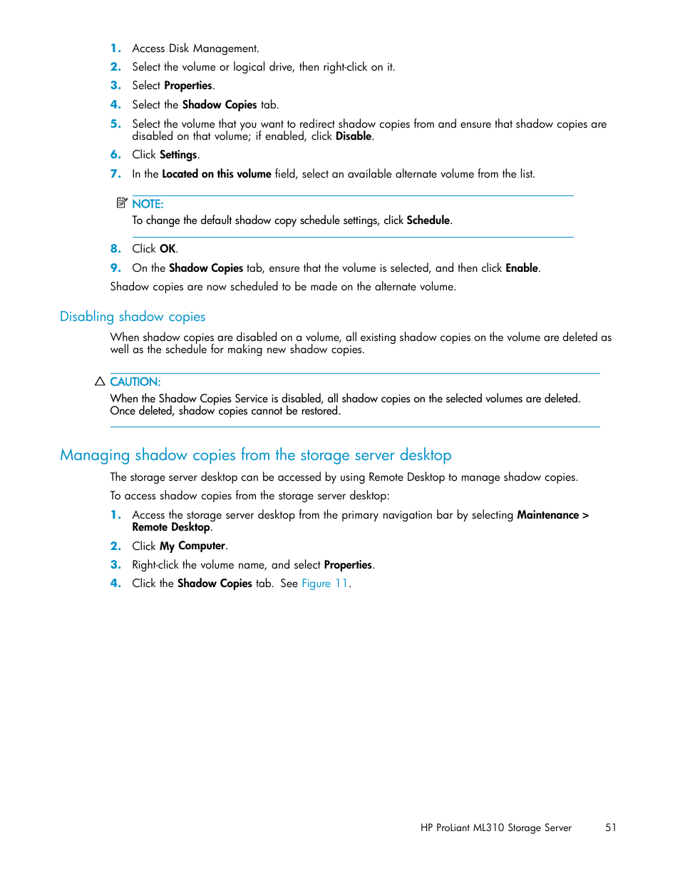 Disabling shadow copies | HP ProLiant ML310 G3 Storage Server User Manual | Page 51 / 119