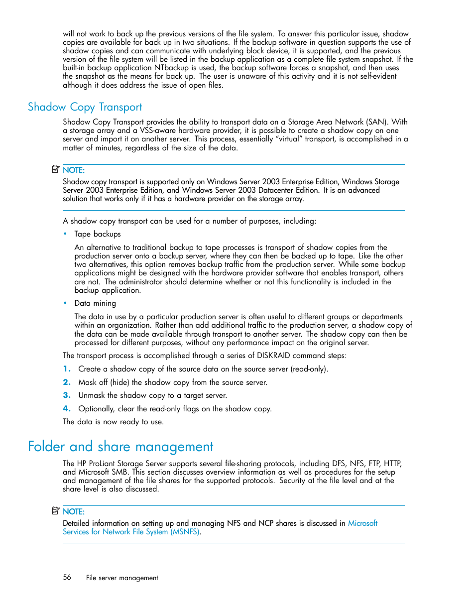 Shadow copy transport, Folder and share management | HP ProLiant ML310 G3 Storage Server User Manual | Page 56 / 119