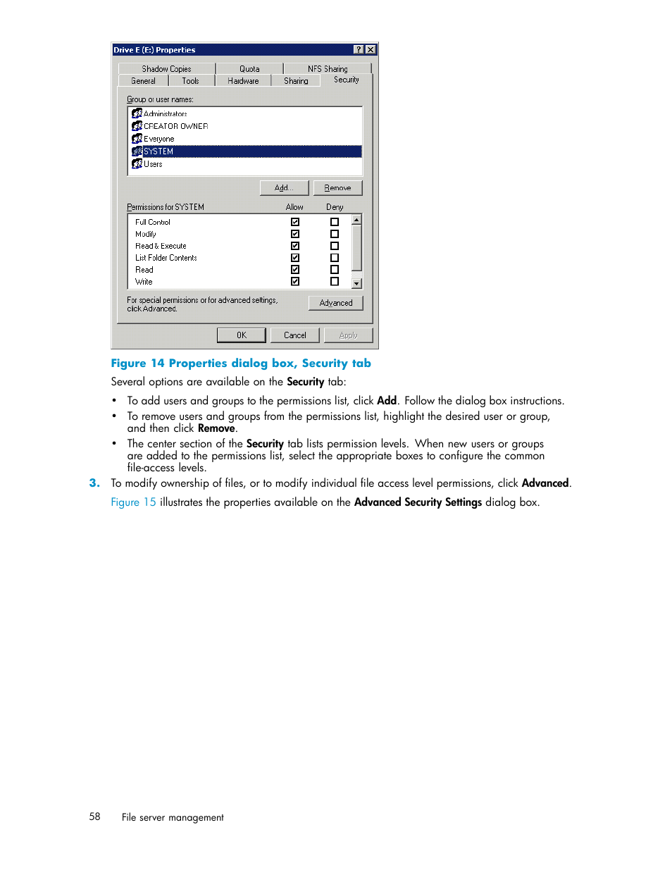 Properties dialog box, security tab | HP ProLiant ML310 G3 Storage Server User Manual | Page 58 / 119