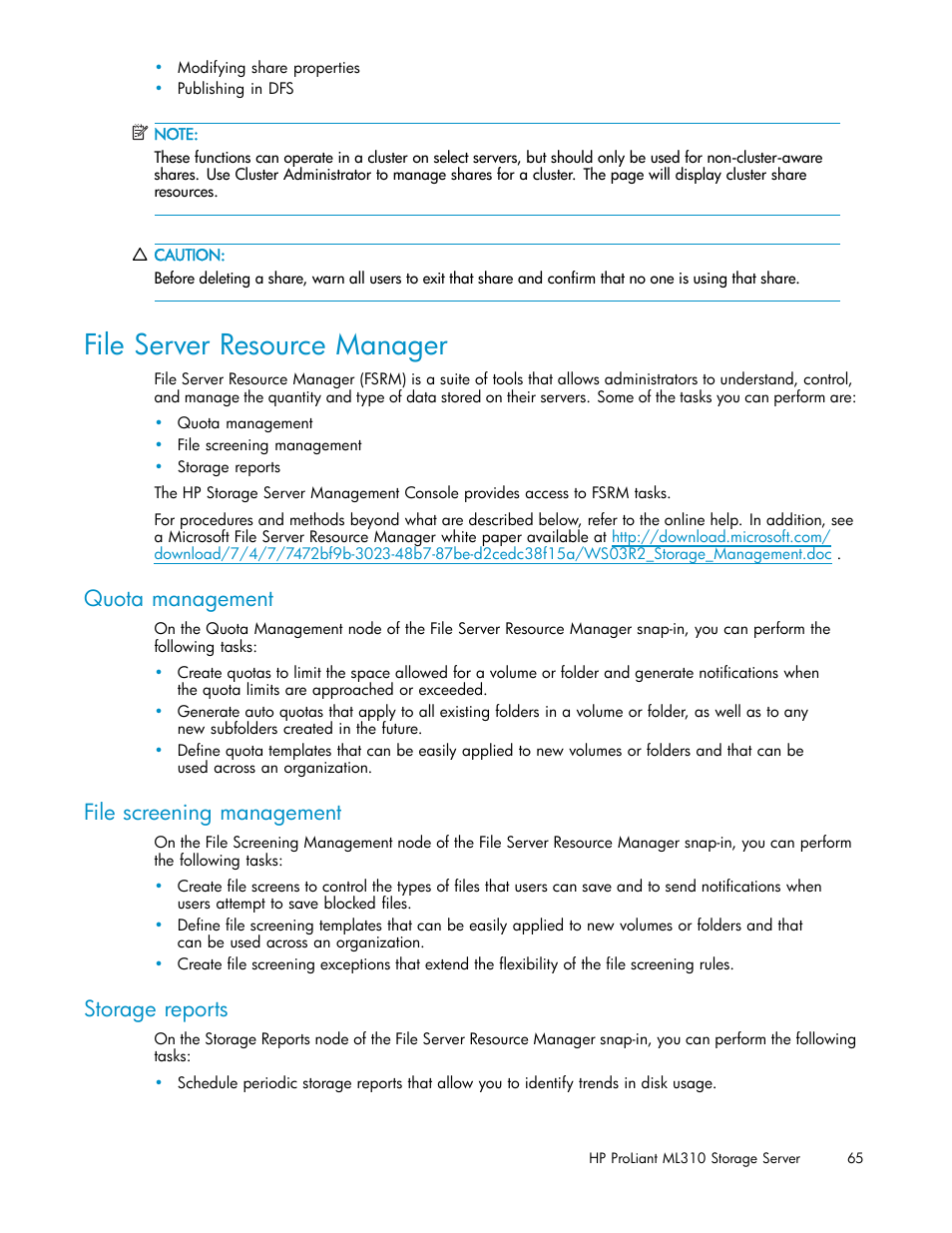 File server resource manager, Quota management, File screening management | Storage reports | HP ProLiant ML310 G3 Storage Server User Manual | Page 65 / 119