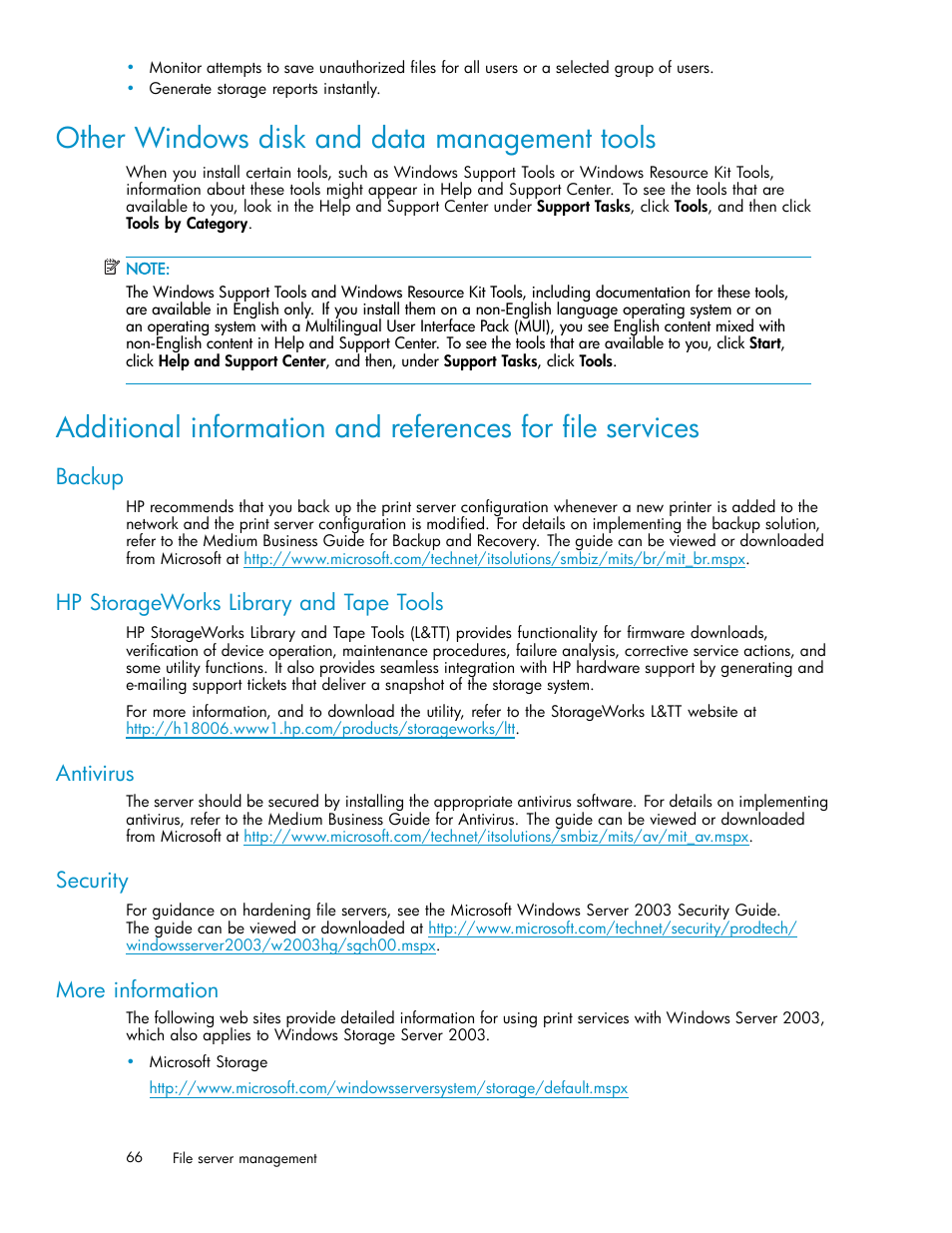 Other windows disk and data management tools, Backup, Hp storageworks library and tape tools | Antivirus, Security, More information | HP ProLiant ML310 G3 Storage Server User Manual | Page 66 / 119