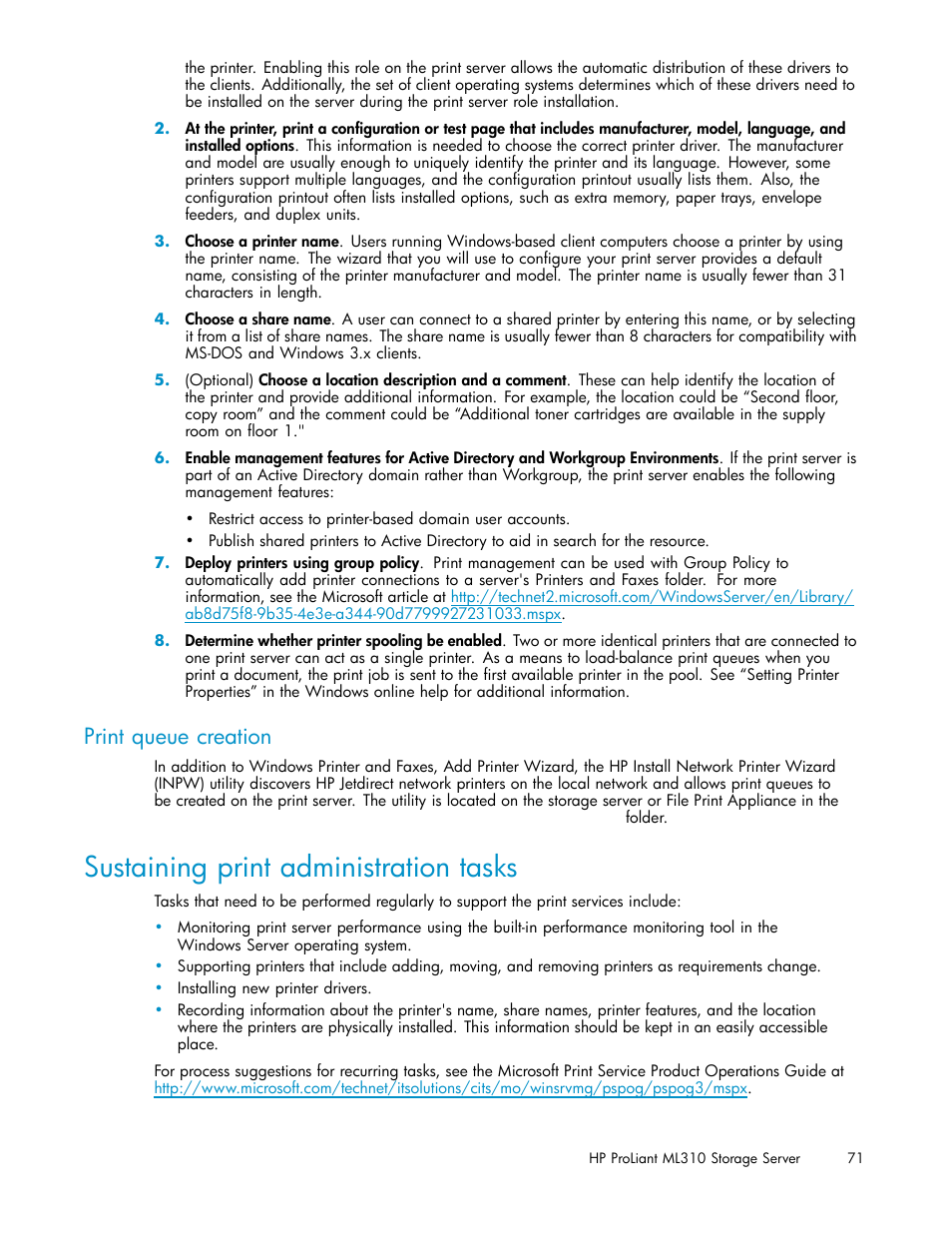 Sustaining print administration tasks, Print queue creation | HP ProLiant ML310 G3 Storage Server User Manual | Page 71 / 119