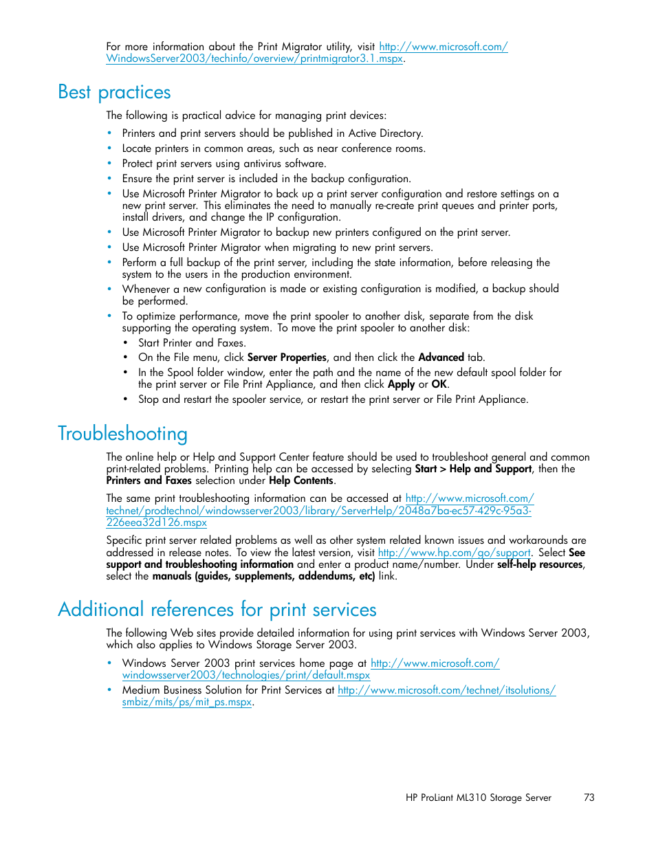 Best practices, Troubleshooting, Additional references for print services | HP ProLiant ML310 G3 Storage Server User Manual | Page 73 / 119