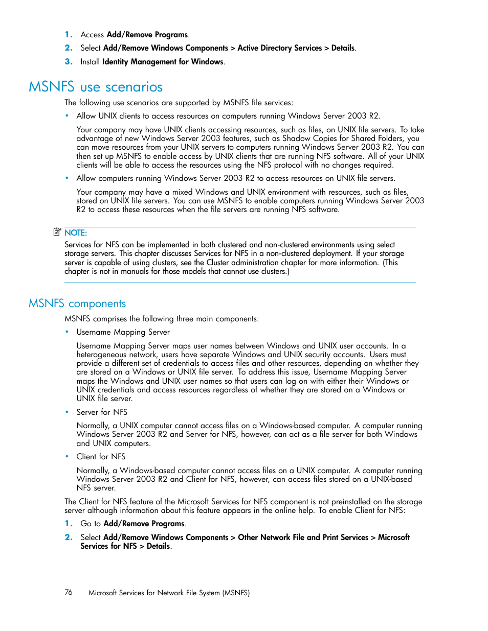 Msnfs use scenarios, Msnfs components | HP ProLiant ML310 G3 Storage Server User Manual | Page 76 / 119