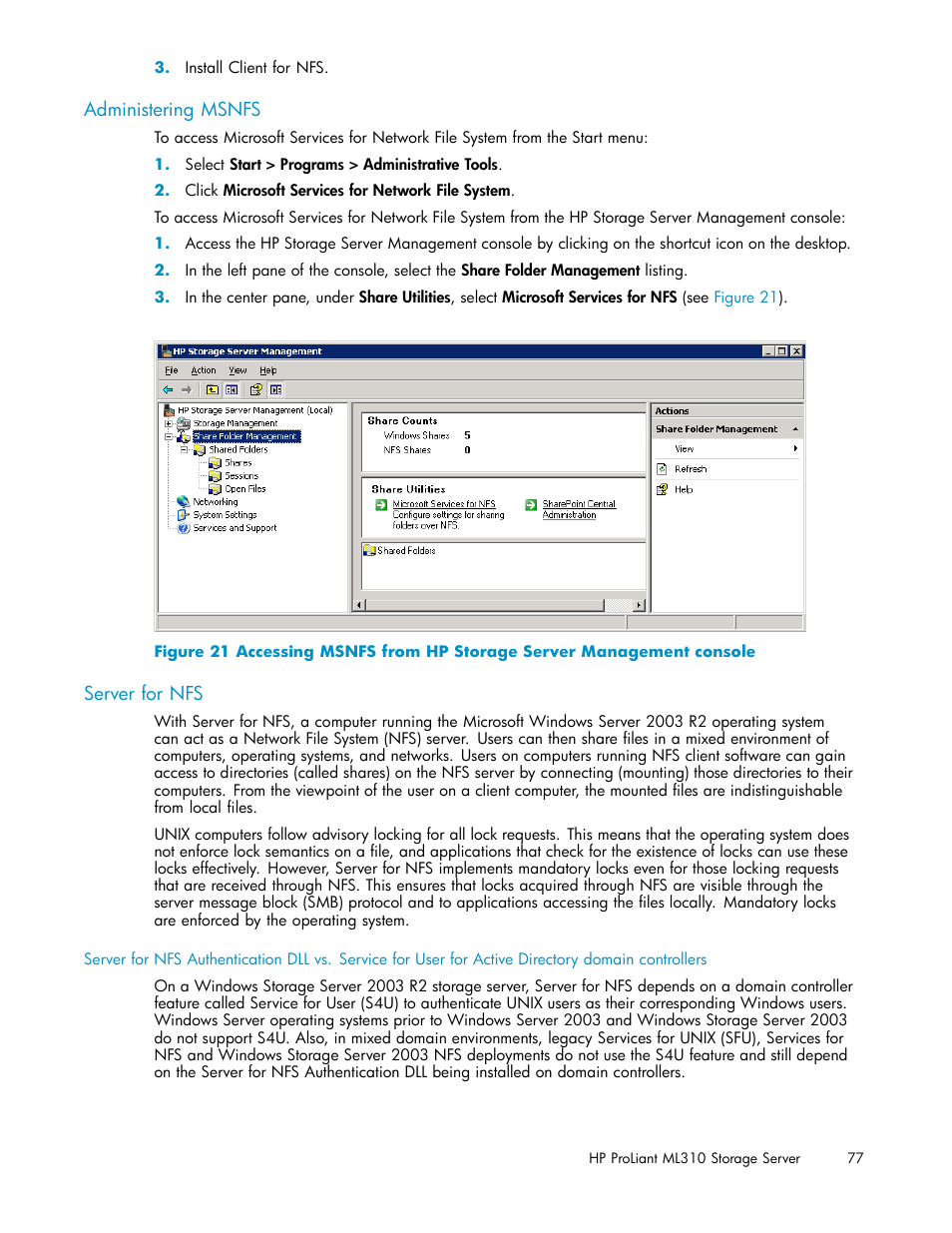 Administering msnfs, Server for nfs | HP ProLiant ML310 G3 Storage Server User Manual | Page 77 / 119