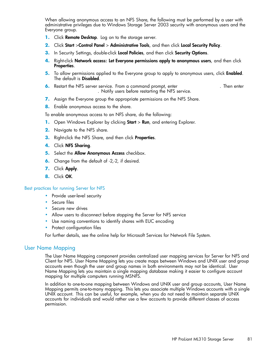 User name mapping | HP ProLiant ML310 G3 Storage Server User Manual | Page 81 / 119