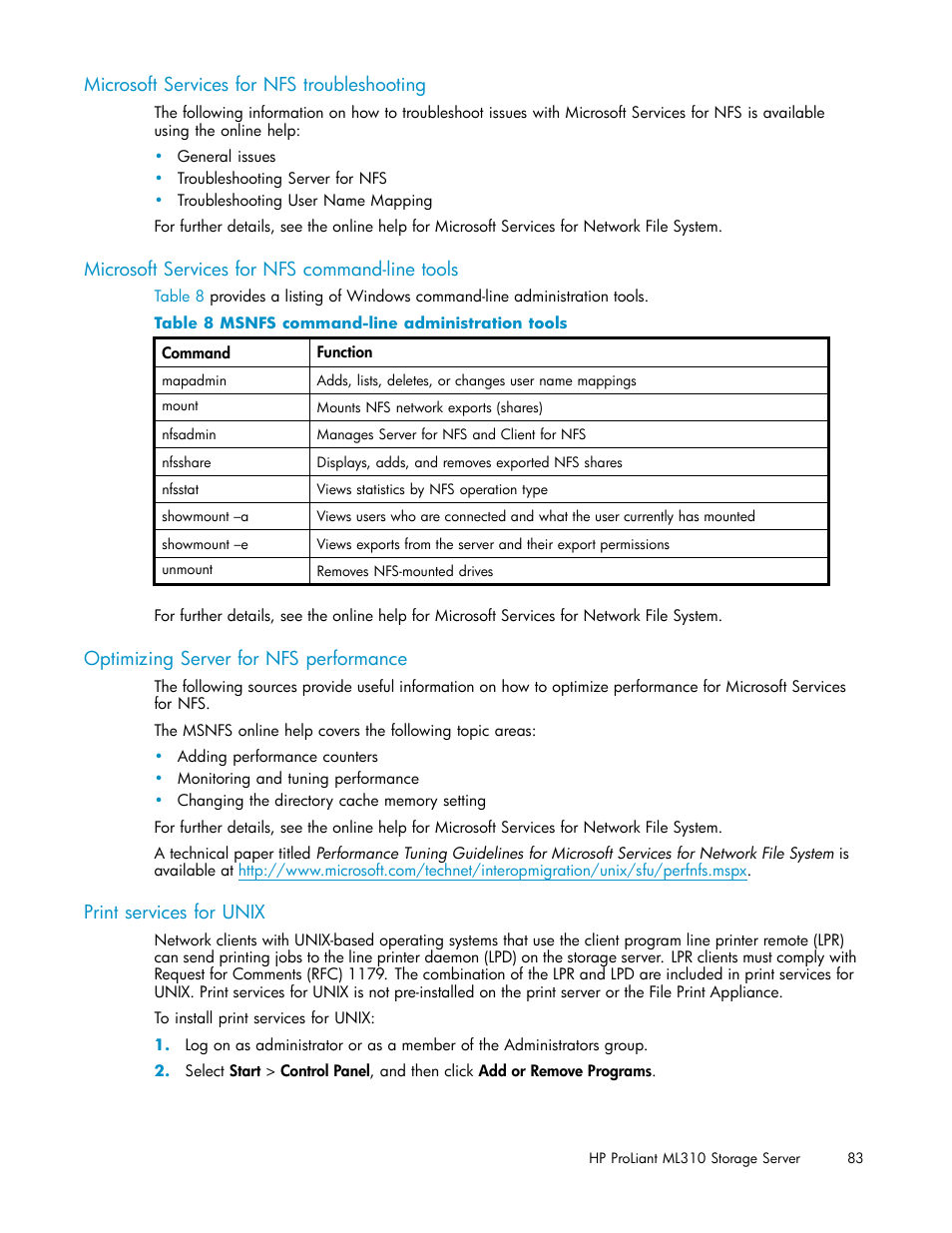 Microsoft services for nfs troubleshooting, Microsoft services for nfs command-line tools, Optimizing server for nfs performance | Print services for unix, Msnfs command-line administration tools | HP ProLiant ML310 G3 Storage Server User Manual | Page 83 / 119