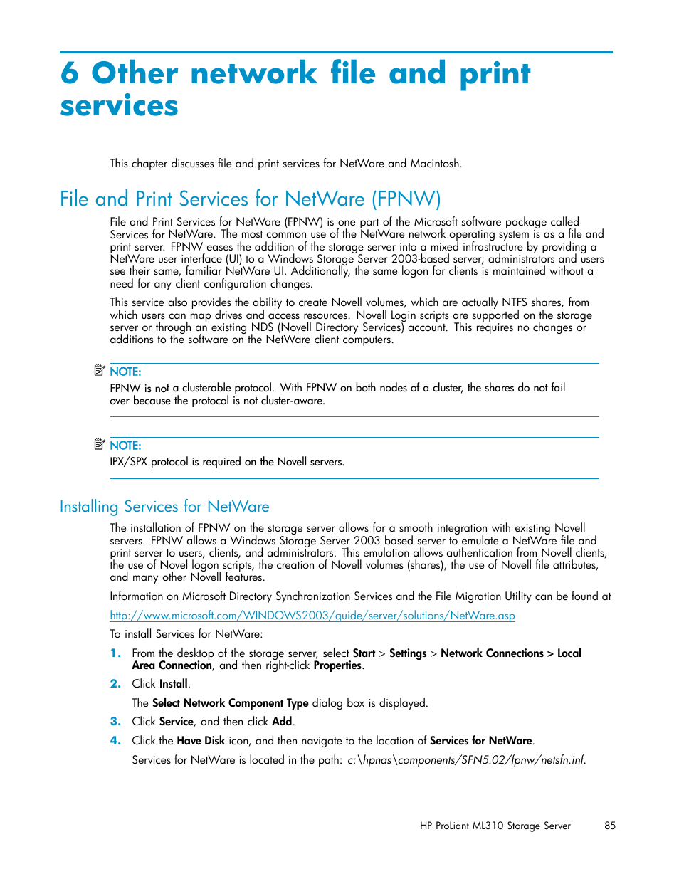 6 other network file and printservices, File and print services for netware (fpnw), Installing services for netware | 6 other network file and print services | HP ProLiant ML310 G3 Storage Server User Manual | Page 85 / 119