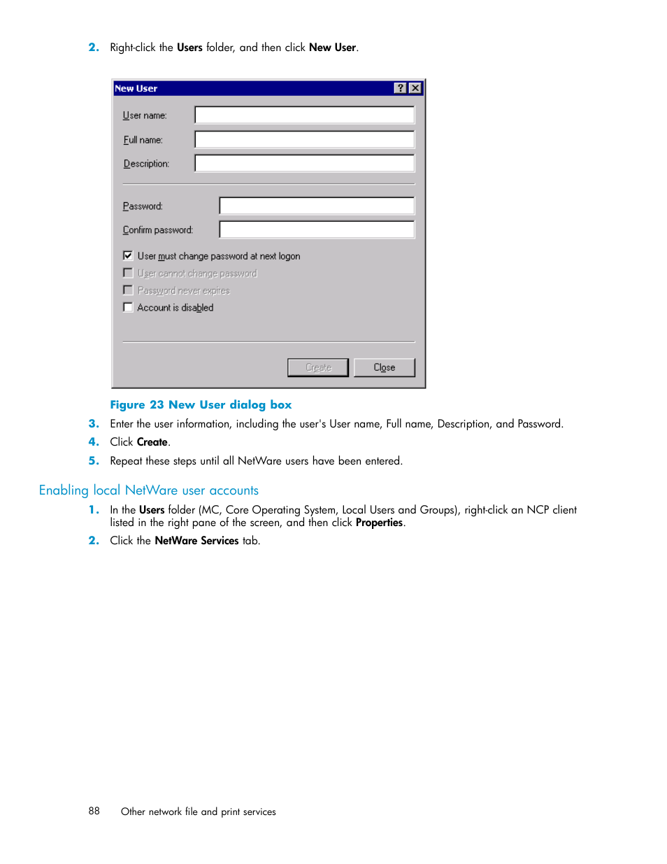 Enabling local netware user accounts, New user dialog box | HP ProLiant ML310 G3 Storage Server User Manual | Page 88 / 119