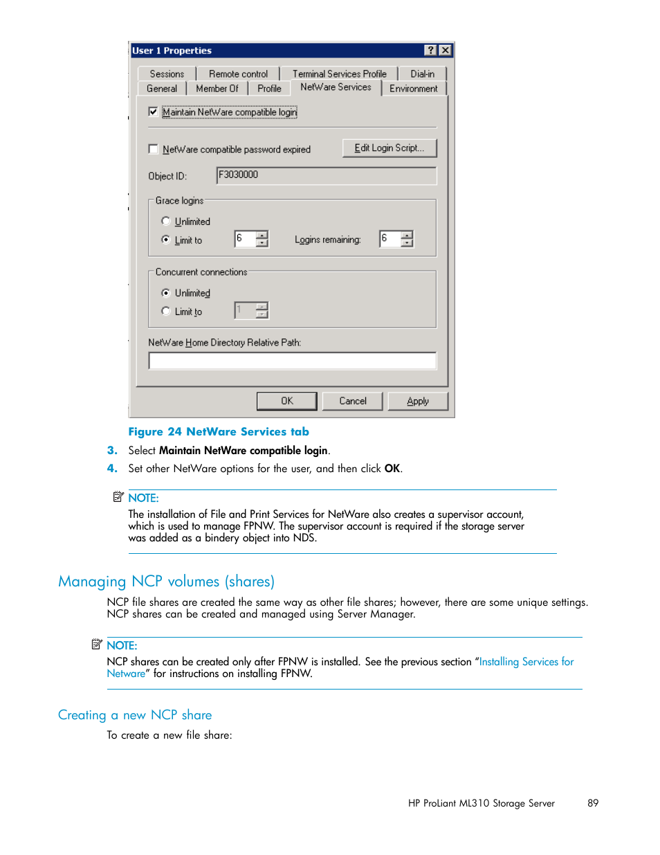 Managing ncp volumes (shares), Creating a new ncp share, Netware services tab | HP ProLiant ML310 G3 Storage Server User Manual | Page 89 / 119