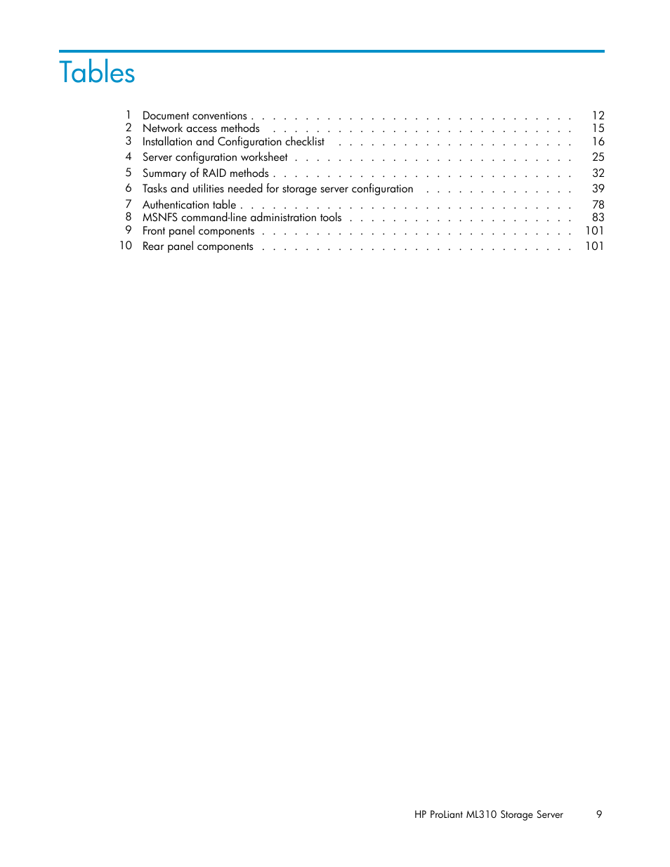 Tables | HP ProLiant ML310 G3 Storage Server User Manual | Page 9 / 119