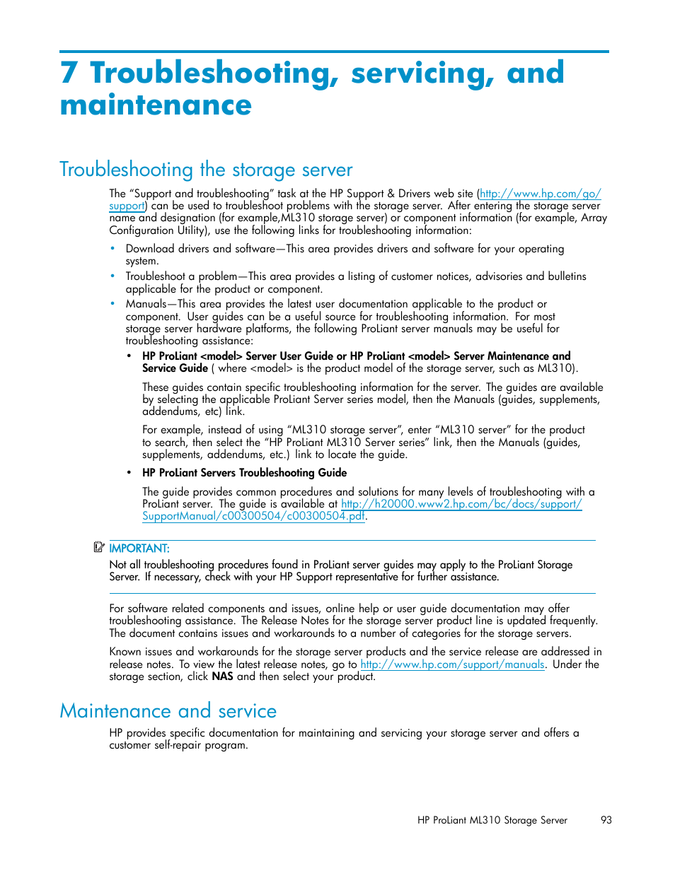 7 troubleshooting, servicing, andmaintenance, Troubleshooting the storage server, Maintenance and service | 7 troubleshooting, servicing, and maintenance | HP ProLiant ML310 G3 Storage Server User Manual | Page 93 / 119