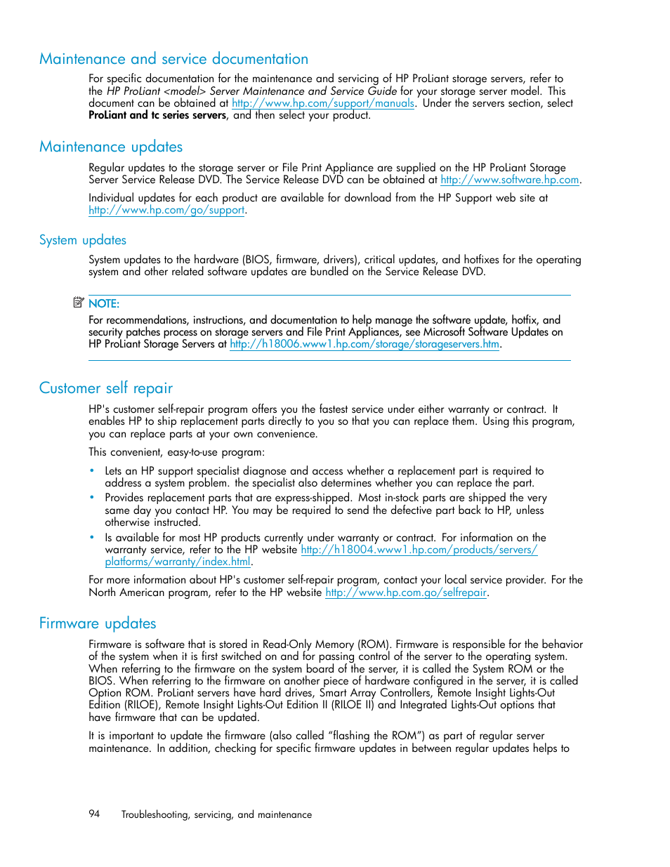 Maintenance and service documentation, Maintenance updates, System updates | Customer self repair, Firmware updates | HP ProLiant ML310 G3 Storage Server User Manual | Page 94 / 119