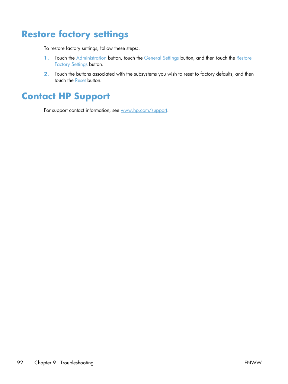 Restore factory settings, Contact hp support, Restore factory settings contact hp support | HP Digital Sender Flow 8500 fn1 Document Capture Workstation series User Manual | Page 100 / 110