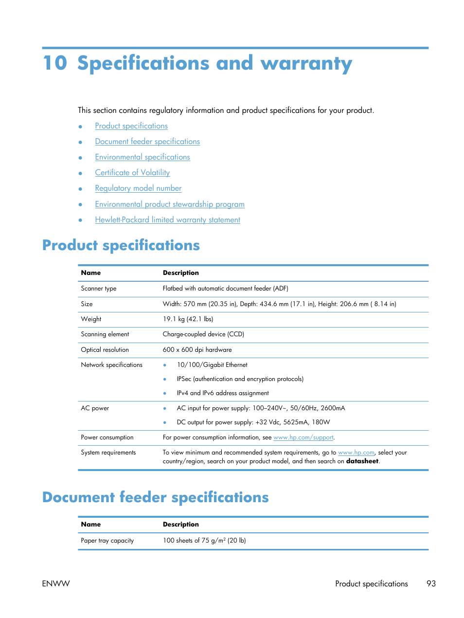 Specifications and warranty, Product specifications, Document feeder specifications | 10 specifications and warranty | HP Digital Sender Flow 8500 fn1 Document Capture Workstation series User Manual | Page 101 / 110