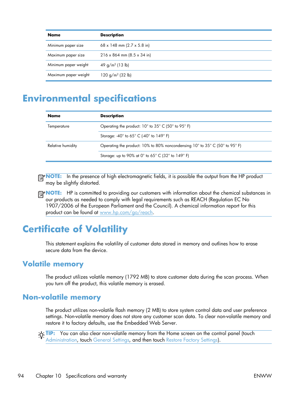 Environmental specifications, Certificate of volatility, Volatile memory | Non-volatile memory, Volatile memory non-volatile memory | HP Digital Sender Flow 8500 fn1 Document Capture Workstation series User Manual | Page 102 / 110