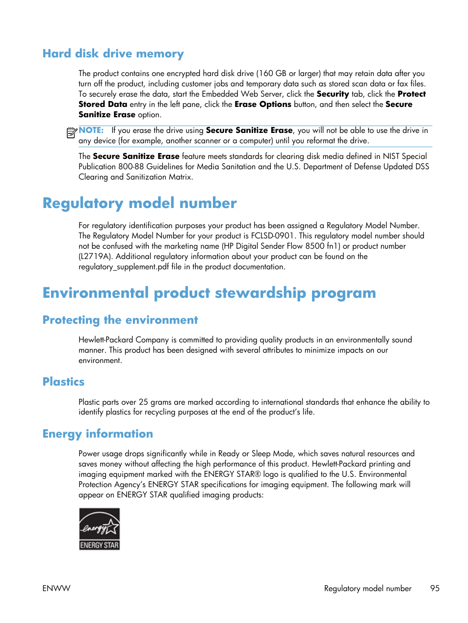 Hard disk drive memory, Regulatory model number, Environmental product stewardship program | Protecting the environment, Plastics, Energy information | HP Digital Sender Flow 8500 fn1 Document Capture Workstation series User Manual | Page 103 / 110