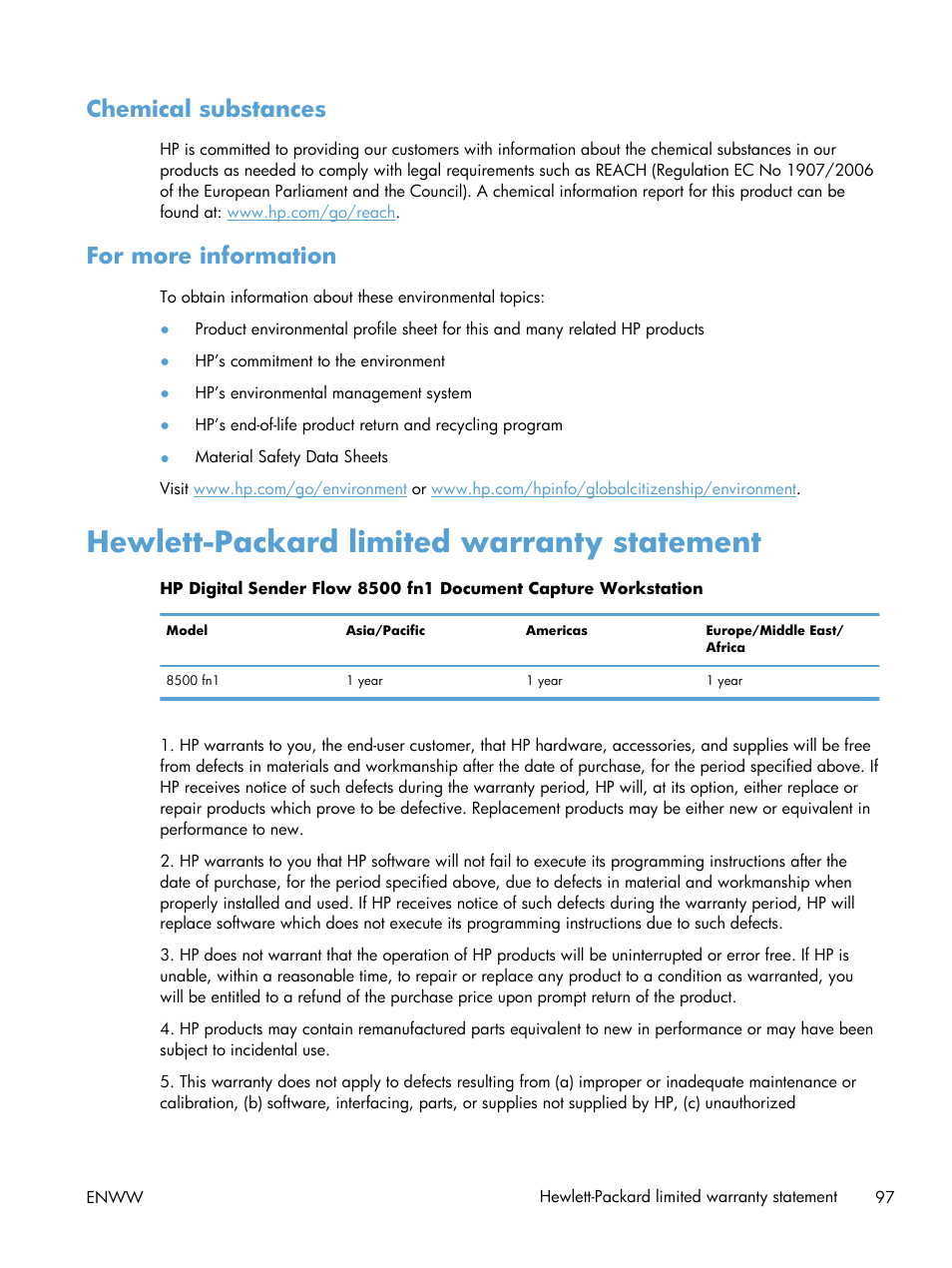 Chemical substances, For more information, Hewlett-packard limited warranty statement | Chemical substances for more information | HP Digital Sender Flow 8500 fn1 Document Capture Workstation series User Manual | Page 105 / 110