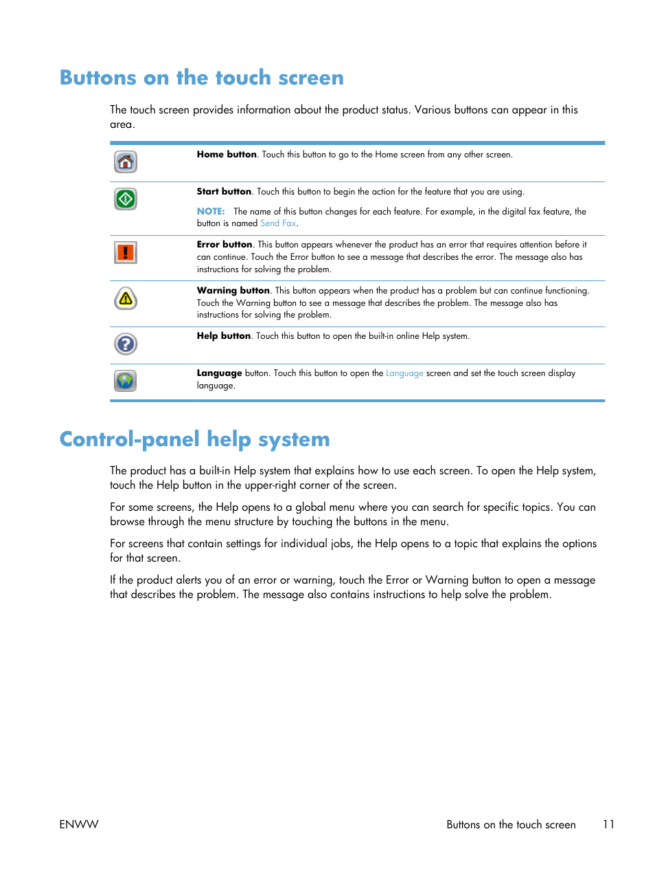 Buttons on the touch screen, Control-panel help system | HP Digital Sender Flow 8500 fn1 Document Capture Workstation series User Manual | Page 19 / 110