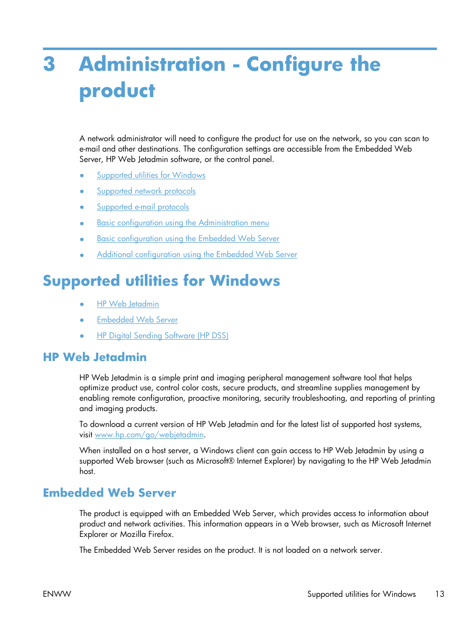 Administration - configure the product, Supported utilities for windows, Hp web jetadmin | Embedded web server, 3 administration - configure the product, Hp web jetadmin embedded web server | HP Digital Sender Flow 8500 fn1 Document Capture Workstation series User Manual | Page 21 / 110