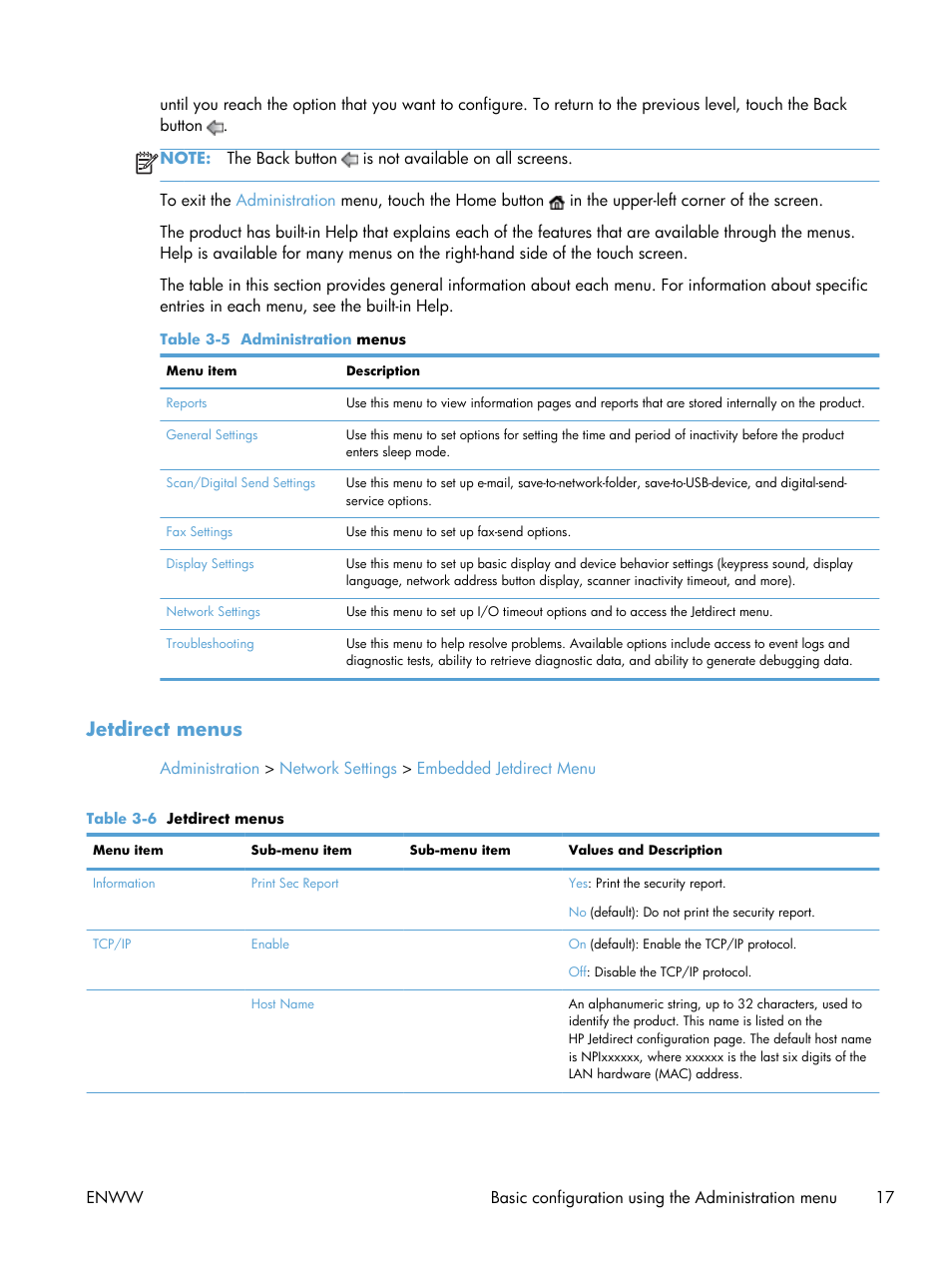 Jetdirect menus | HP Digital Sender Flow 8500 fn1 Document Capture Workstation series User Manual | Page 25 / 110