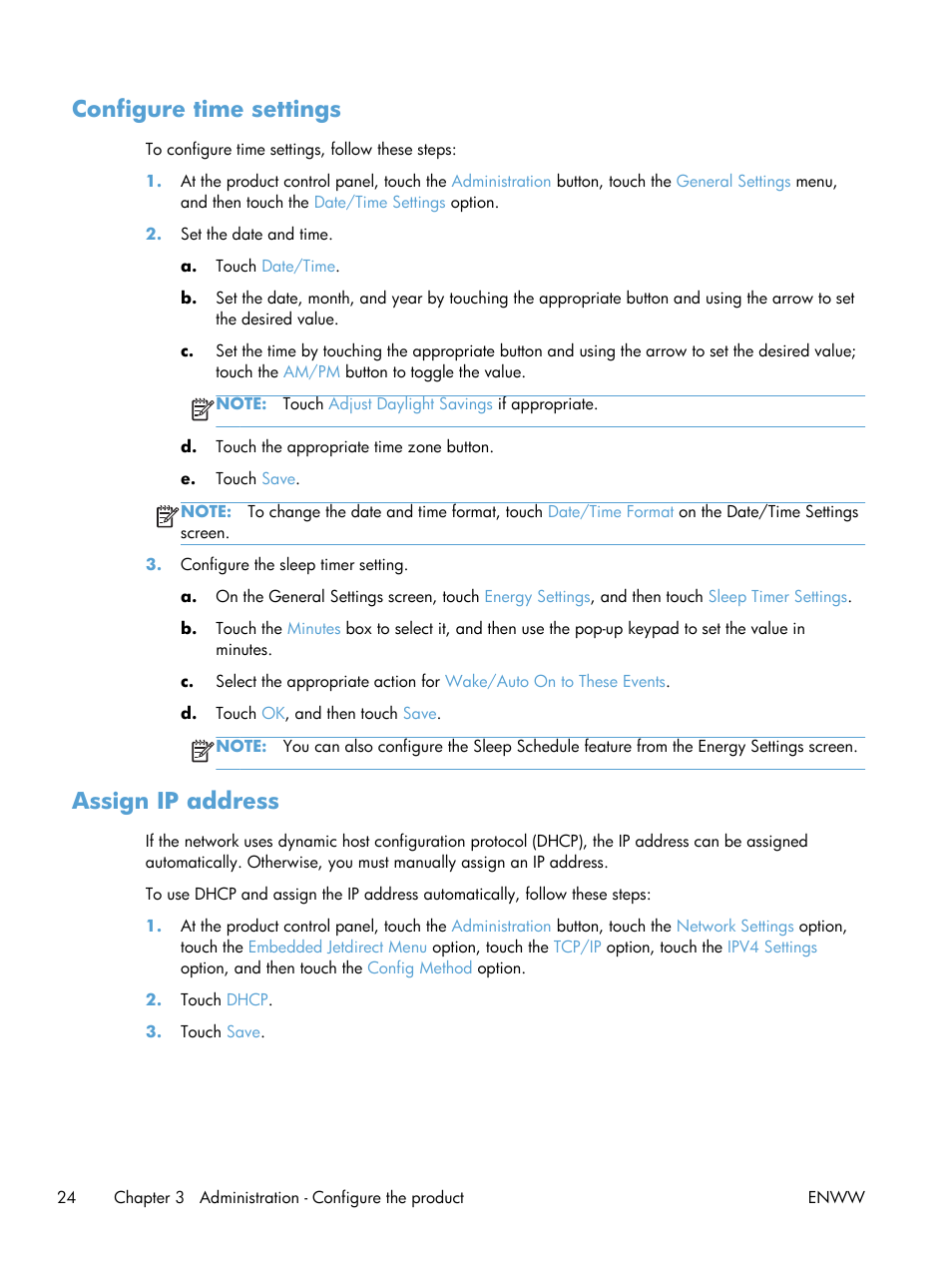 Configure time settings, Assign ip address, Configure time settings assign ip address | HP Digital Sender Flow 8500 fn1 Document Capture Workstation series User Manual | Page 32 / 110