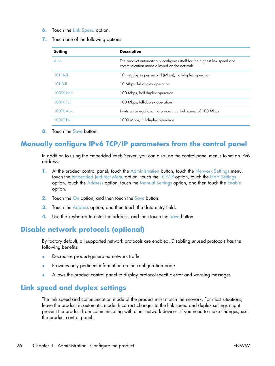 Disable network protocols (optional), Link speed and duplex settings | HP Digital Sender Flow 8500 fn1 Document Capture Workstation series User Manual | Page 34 / 110