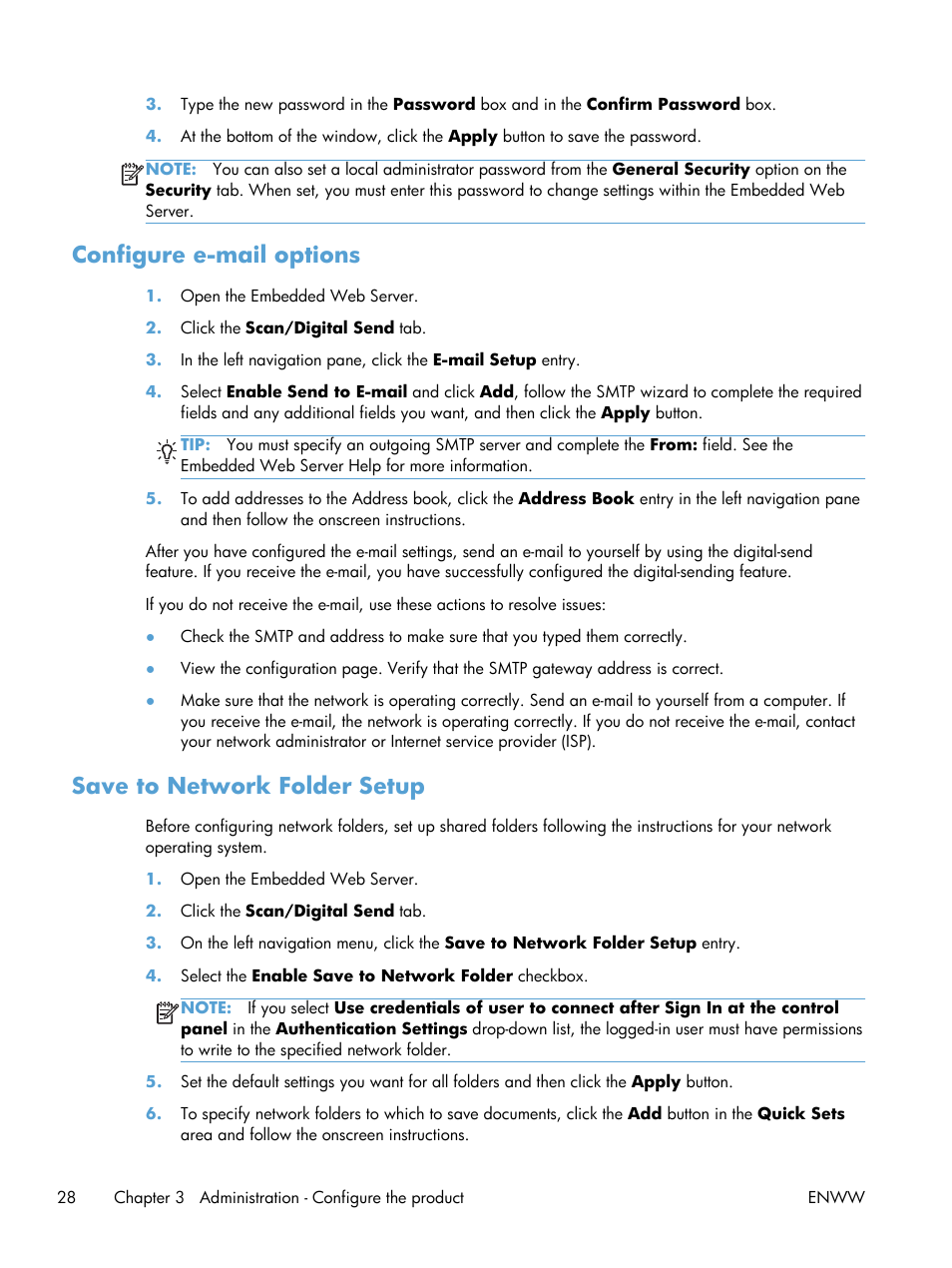 Configure e-mail options, Save to network folder setup | HP Digital Sender Flow 8500 fn1 Document Capture Workstation series User Manual | Page 36 / 110