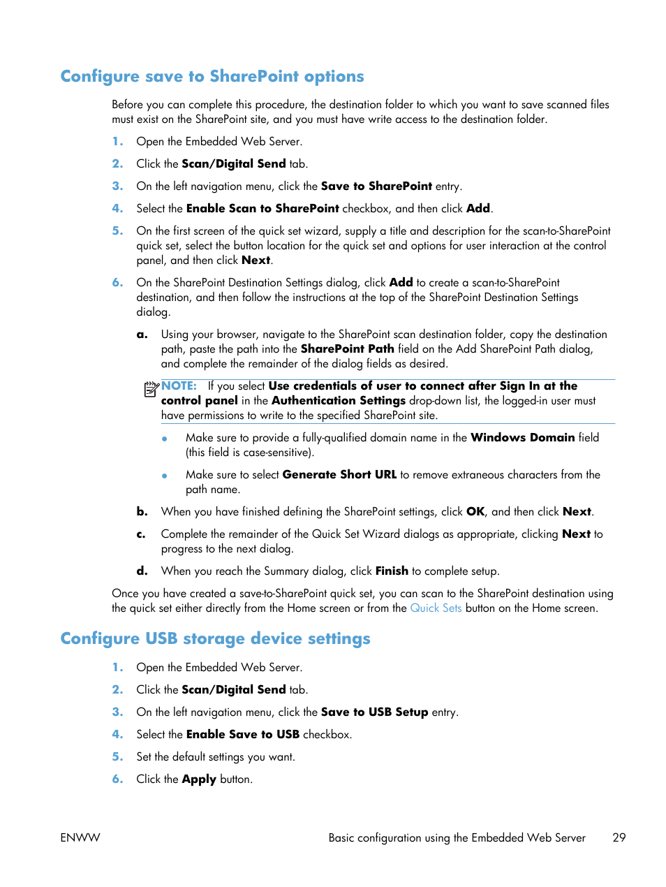 Configure save to sharepoint options, Configure usb storage device settings | HP Digital Sender Flow 8500 fn1 Document Capture Workstation series User Manual | Page 37 / 110