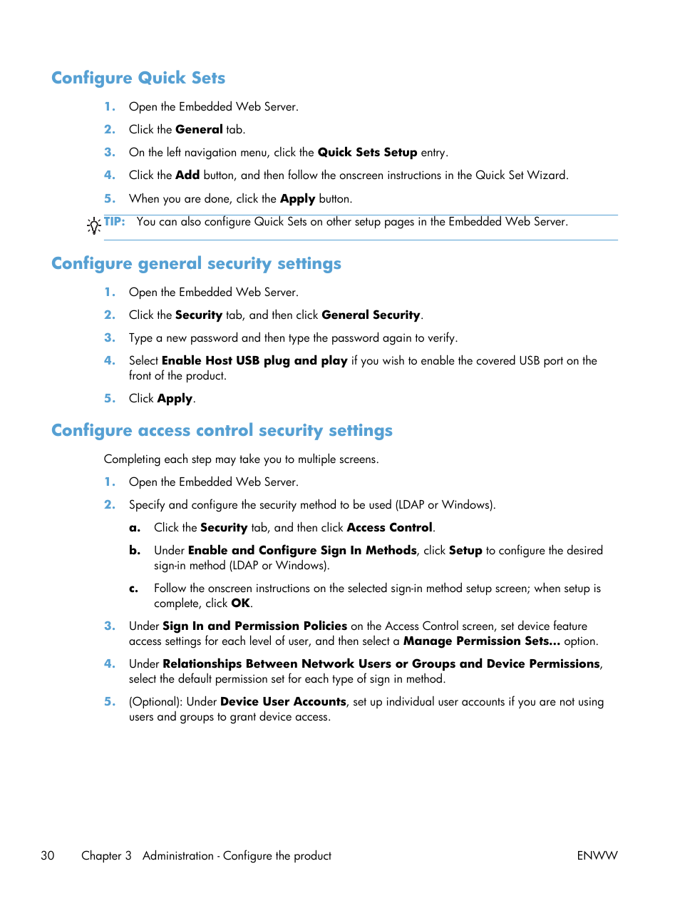 Configure quick sets, Configure general security settings, Configure access control security settings | HP Digital Sender Flow 8500 fn1 Document Capture Workstation series User Manual | Page 38 / 110