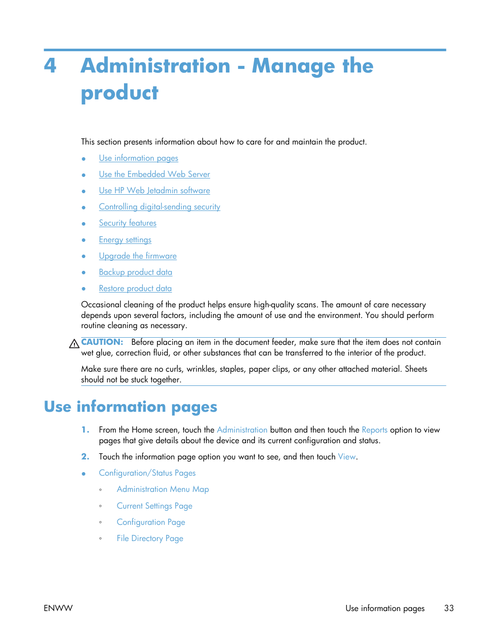 Administration - manage the product, 4 administration - manage the product, Use information pages | HP Digital Sender Flow 8500 fn1 Document Capture Workstation series User Manual | Page 41 / 110