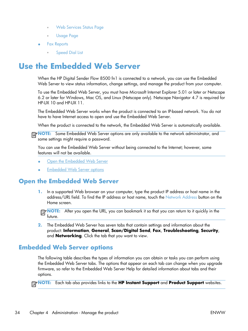 Use the embedded web server, Open the embedded web server, Embedded web server options | HP Digital Sender Flow 8500 fn1 Document Capture Workstation series User Manual | Page 42 / 110