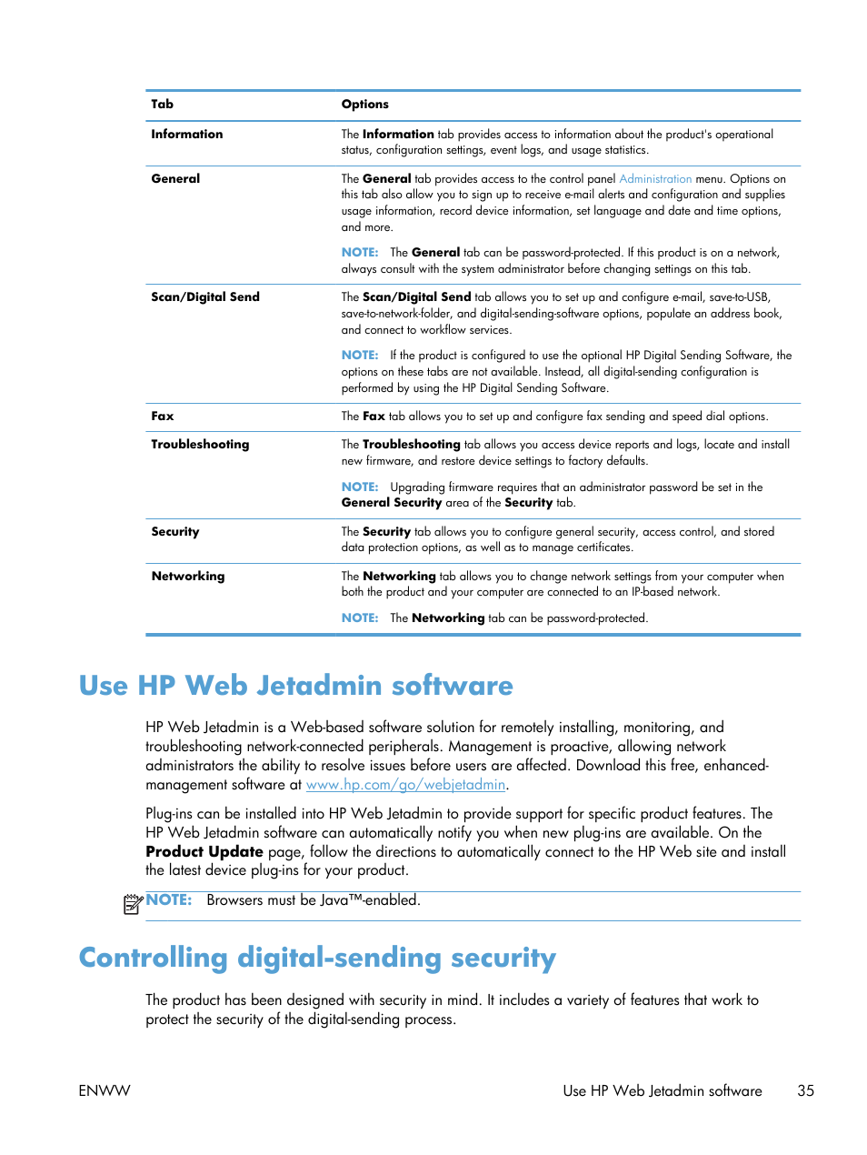 Use hp web jetadmin software, Controlling digital-sending security | HP Digital Sender Flow 8500 fn1 Document Capture Workstation series User Manual | Page 43 / 110