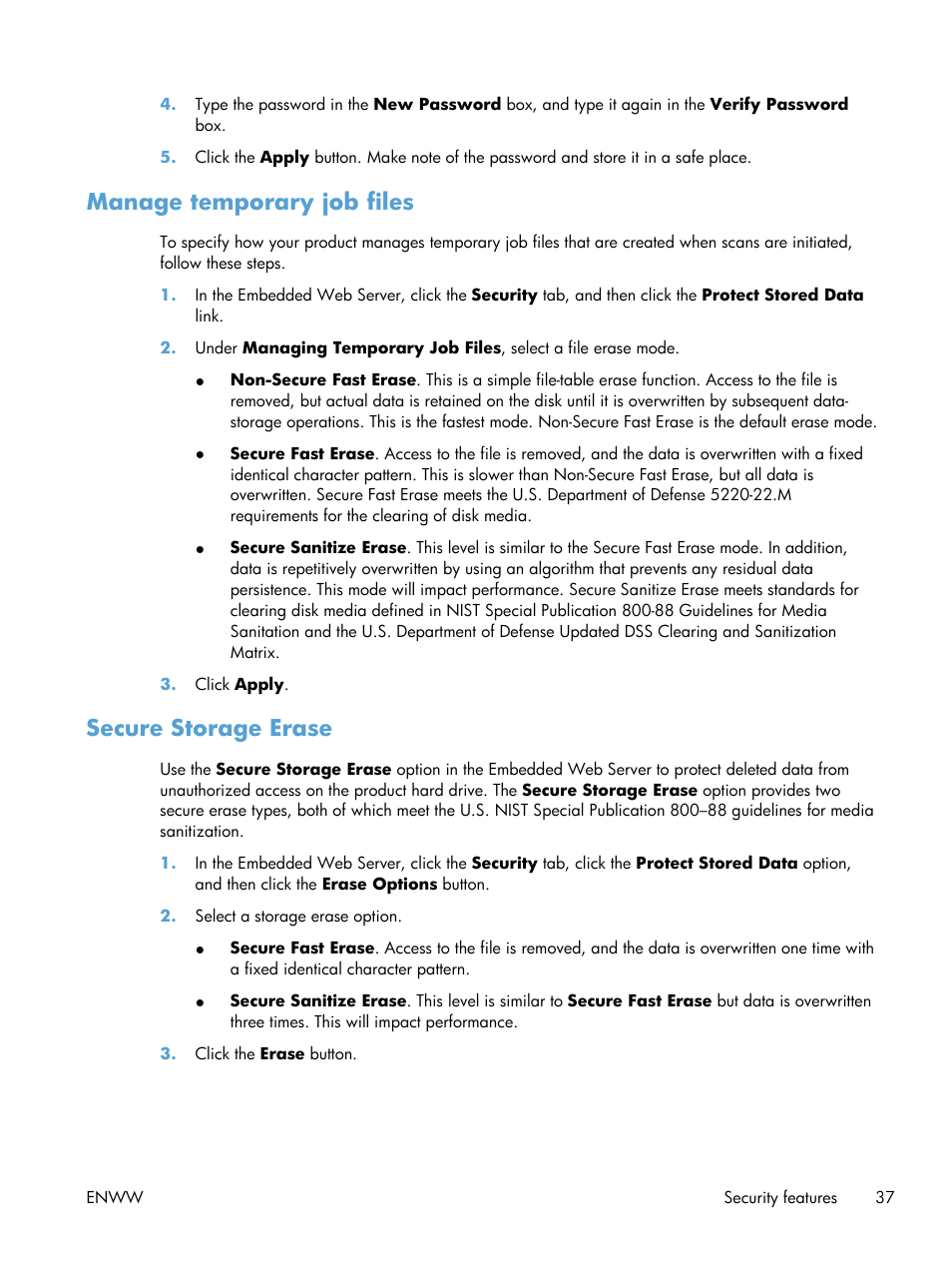Manage temporary job files, Secure storage erase, Manage temporary job files secure storage erase | HP Digital Sender Flow 8500 fn1 Document Capture Workstation series User Manual | Page 45 / 110